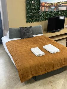 a large bed with two towels on top of it at Apartamento DUPLEX SAGASTA in Seville