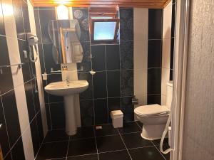 a small bathroom with a toilet and a sink at Likya Yanartaş Bungalow in Kemer