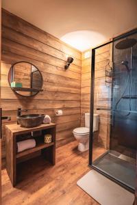 een badkamer met een wastafel, een toilet en een spiegel bij The Fat Fox Lodge, Morzine in Montriond