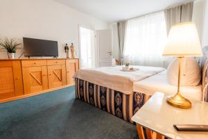 um quarto de hotel com uma cama e uma televisão em Villa Düne mit großer Sonnenterrasse, Kamin, Wlan und Tiefgarage für 2-4 Personen em Kühlungsborn