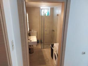 a bathroom with a shower and a toilet and a sink at PLATANES PLACE in Platanes