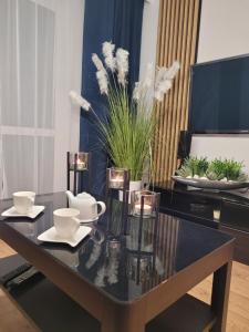 a dining room table with a black counter top at Apartament Złota Dziewiątka in Wągrowiec