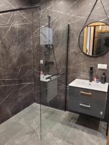 a bathroom with a shower with a sink and a mirror at Apartament Złota Dziewiątka in Wągrowiec