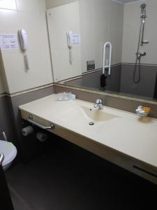a bathroom with a sink and a mirror at Hotel Rapsodia City Center in Botoşani