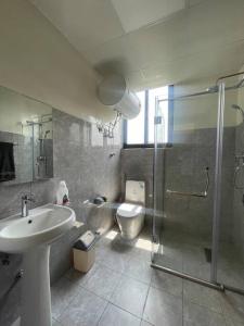 a bathroom with a toilet and a sink and a shower at Modern living in Addis Ababa