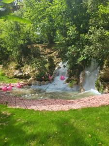 a fake river with pink ducks in the grass at el BOSQUE MAGICO in Piñeres