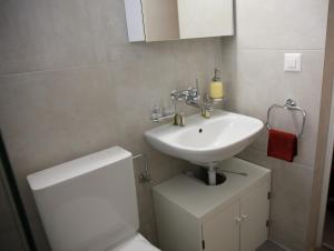 La salle de bains est pourvue de toilettes blanches et d'un lavabo. dans l'établissement Piccolo, à Zurich