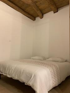 Dormitorio blanco con cama con sábanas y almohadas blancas en Le Chapard, en Chaponost