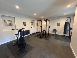 een fitnessruimte met fitnessapparatuur in een kamer bij la Bastide du Laizon & Spa in Maizières