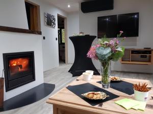 a living room with a fireplace and a table with flowers at Gite Au chalet de Mélines in Melines