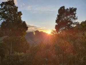 a sun setting behind a group of trees at Sunburst view in Ella