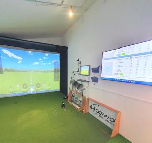 a room with two large screens of a golf simulator at Schöne Ferienwohnung mit Balkon und Garten in Nonnweiler