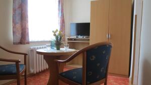Zimmer mit einem kleinen Tisch und einem TV in der Unterkunft Pension Waldhaus in Eibenstock
