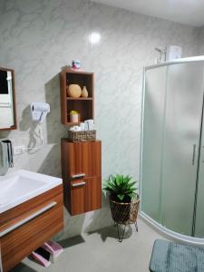 een badkamer met een douche, een wastafel en een spiegel bij Seaview Residence Garden 