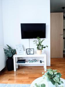 een woonkamer met een tv op een witte tafel bij DoMa-Lu apartment with free parking in Velika Mlaka