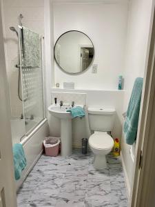 La salle de bains est pourvue de toilettes, d'un lavabo et d'un miroir. dans l'établissement Sedgefield luxury Apartments., à Sedgefield