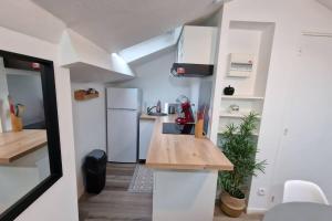 a small kitchen with a white refrigerator and a counter at Cocon sous les toits By UnSejourANancy Fr in Nancy
