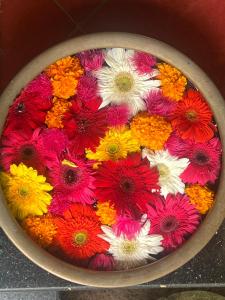 a bowl filled with colorful flowers on a table at Alleppey Beach Garden in Alleppey