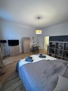 een slaapkamer met een bed met handdoeken erop bij Cozy Homes Vienna in Wenen