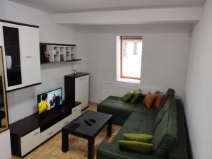 a living room with a green couch and a tv at Apartmani Čolić Vlašić in Vlasic