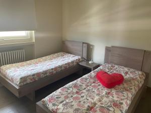 ピゾーニェにあるAppartamento Goenのベッドルーム1室(ベッド2台、赤いハートピロー付)