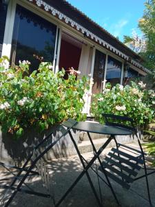 L'améthyste في لو تامبون: طاولة أمام منزل مع الزهور