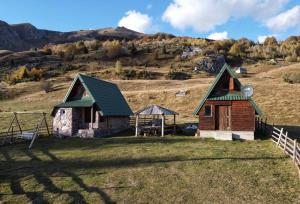 una pequeña casa con techo verde en una colina en Forest fruit Jelovica en Berane