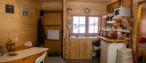 Drewniany domek pod masywem Śnieżnika dojazd otwarty في Nowa Morawa: مطبخ صغير مع حوض وثلاجة
