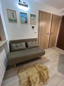 un salon avec un canapé et un tapis dans l'établissement Casa Genziana - nuovo bilocale in centro a Sestriere, à Sestrières