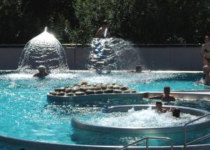 un grupo de personas en una piscina con una fuente en Hennen-Nest, en Sankt Ingbert