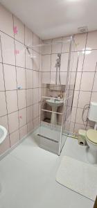 a bathroom with a sink and a toilet at Casa Sabina in Pucioasa