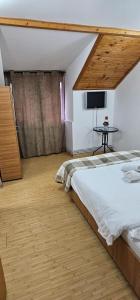 ein Schlafzimmer mit einem großen Bett und einem Fernseher in der Unterkunft Casa Sabina in Pucioasa + 14 Fotos