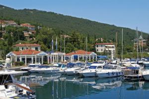 Ein Haufen Boote, die in einem Yachthafen mit Häusern angedockt sind. in der Unterkunft Apartment in Icici with sea view, terrace, Wi-Fi (4870-1) in Ičići