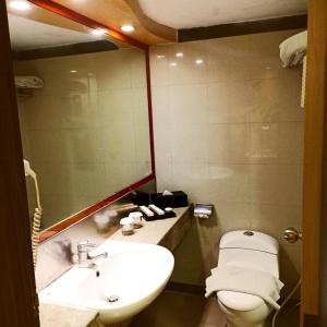 Tamarin Hotel Jakarta manage by Vib Hospitality Management في جاكرتا: حمام مع حوض ومرحاض ومرآة