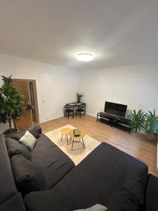 a living room with a black couch and a television at Ferienwohnung Haus Paraschiv in Aue