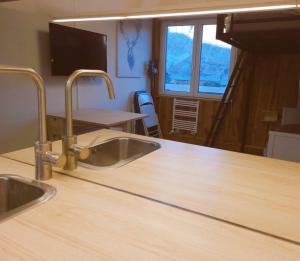 een keuken met twee kranen op een aanrecht bij Studio chaleureux rénové au pied des pistes in Le Dévoluy