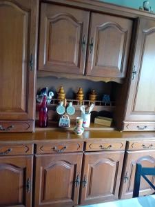 - un comptoir de cuisine avec des placards en bois et quelques plats dans l'établissement Gîte les palmiers, à Guingamp