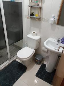 La salle de bains est pourvue de toilettes, d'une douche et d'un lavabo. dans l'établissement Shared room in Praia, à Praia