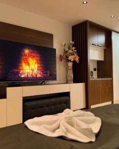a living room with a fireplace and a tv at Ice Dream Apartmani in Kopaonik