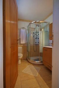 y baño con ducha de cristal y aseo. en Agnanti Villas 2, en Isómata
