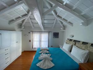 1 dormitorio grande con cama azul y almohadas blancas en Agnanti Villas 2, en Isómata