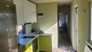 a kitchen with yellow and green cabinets and a hallway at Ezerdzirnas 