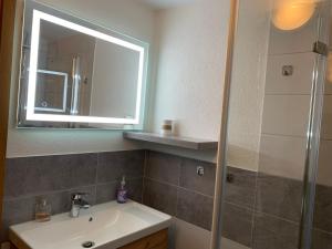 a bathroom with a sink and a mirror at Ferienwohnung Maryna in Zwönitz