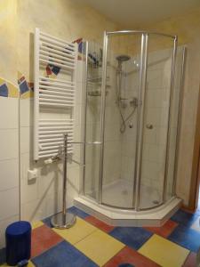 a shower with a glass door in a bathroom at Ferienwohnung Frühauf in Prien am Chiemsee