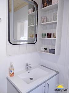 ein Bad mit einem Waschbecken und einem Spiegel in der Unterkunft First Row to the sea Mobilehome in Drage