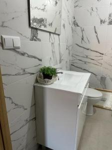 a bathroom with a white sink and a toilet at 3 Marias São Sebastião in Lousa