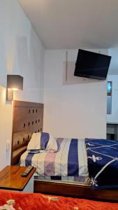 1 dormitorio con 1 cama y TV en la pared en TRUJILLO LINDO, en Víctor Larco Herrera