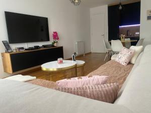 uma sala de estar com uma cama e uma televisão de ecrã plano em Apartment Hera with private garage em Lukavica