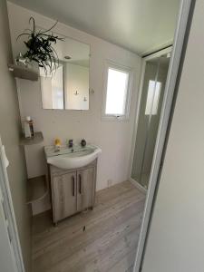 łazienka z umywalką i lustrem w obiekcie Mobil Home 2CH Bien Equipé Valras-Plage w mieście Sérignan