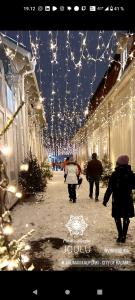 a group of people walking down a street with christmas lights at Omakotitalo rauhallisella alueella in Rauma